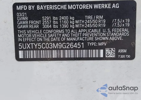 2021 BMW X3 xDrive30I from USA, damaged, VIN 5UXTY5C03M9G26451